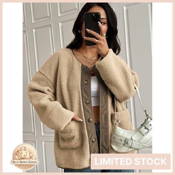 Faux Fur Sherpa Jacket Button Down Pockets Casual Winter Outerwear - Picture 7 of 8